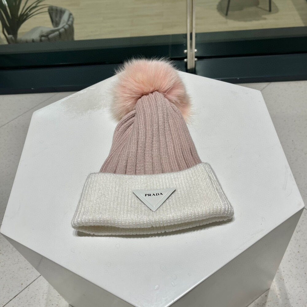 Prada Two Tone Knit Beanie with Pom Pom